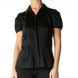 CLUB MONACO BLACK POPLIN COTTON PLEATED FRONT SHORT SLEEVE BUTTON DOWN TOP S